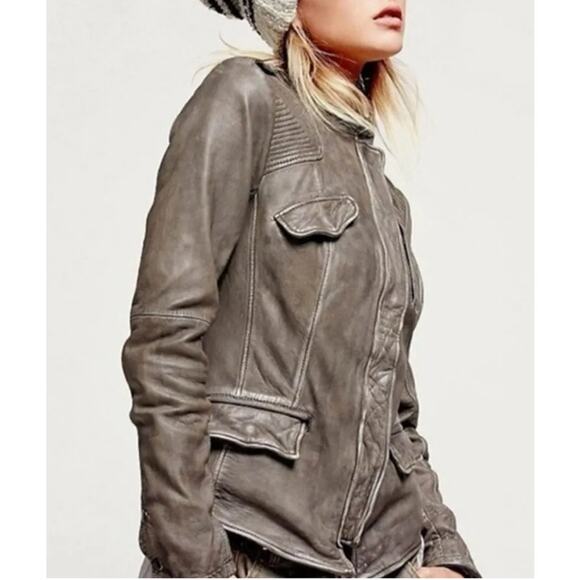 Free People Distressed Leather Jacket RARE The Originals Phoebe Tonkin Taupe 4 - Picture 2 of 11
